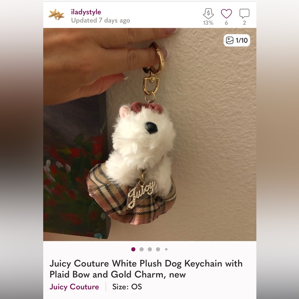 Juicy Couture White Plush Dog Keychain with Plaid Bow and Gold Charm